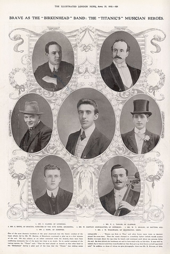 A photo of the eight-member orchestra led by Wallace Hartley, who continued to play even as the ship sank. None of the musicians survived the disaster. 
