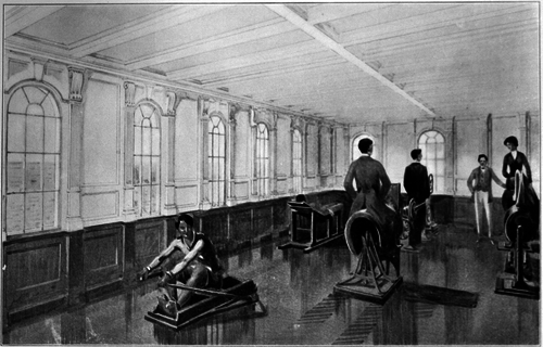Titanic’s gymnasium featured popular exercise equipment like electric horses and camels for simulated riding and rowing machines. 